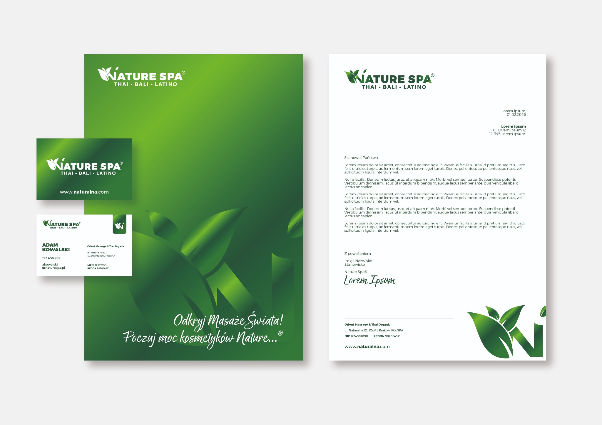 Zestaw akcydensów w zielonej tonacji dla Nature Spa: wizytówka z danymi kontaktowymi, papier firmowy z logo i tekstem Lorem Ipsum. Minimalistyczny design.