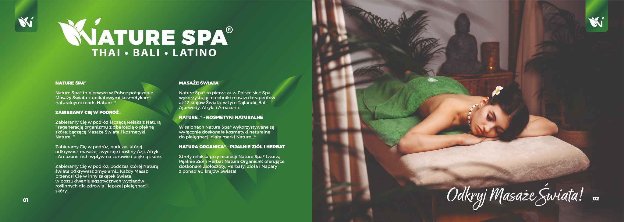 Kobieta relaksuje się podczas masażu w Nature Spa. Promocja masaży świata z naturalnymi kosmetykami. Ujęcie z boku, w tle posąg Buddy i rośliny.