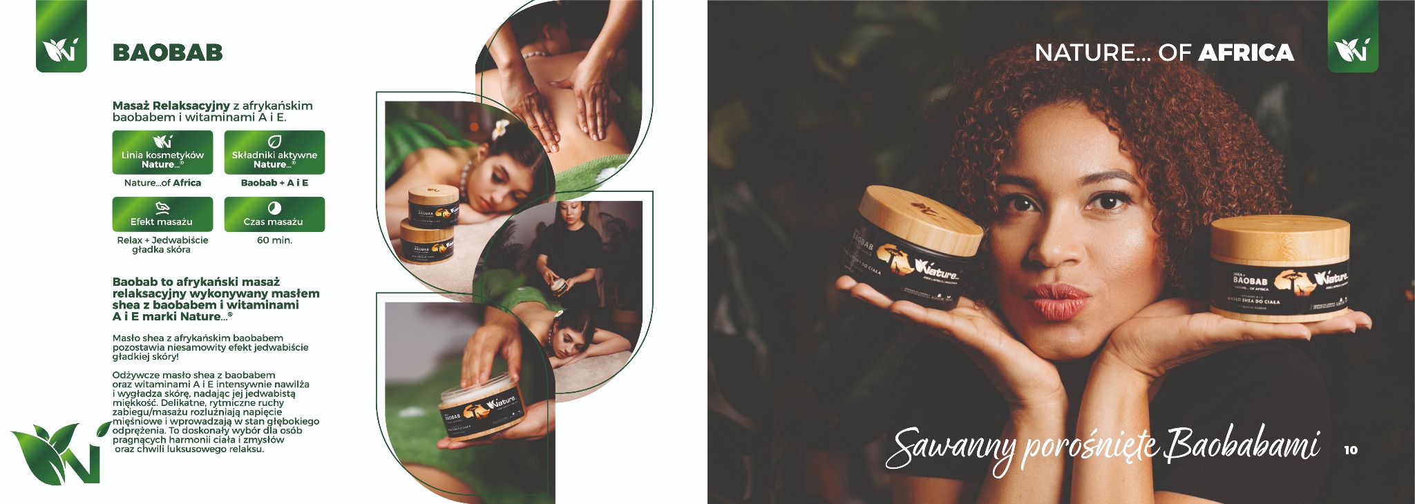 Kobieta z afro trzyma dwa słoiczki kremu Baobab Nature... of Africa. Reklama kosmetyków do masażu relaksacyjnego z masłem shea i witaminami A i E.