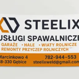 Baner firmy STEELIX z Gębic oferującej usługi spawalnicze, w tym garaże, hale i remonty przyczep rolniczych. Widoczne dane kontaktowe: adres, numer telefonu i adres e-mail.