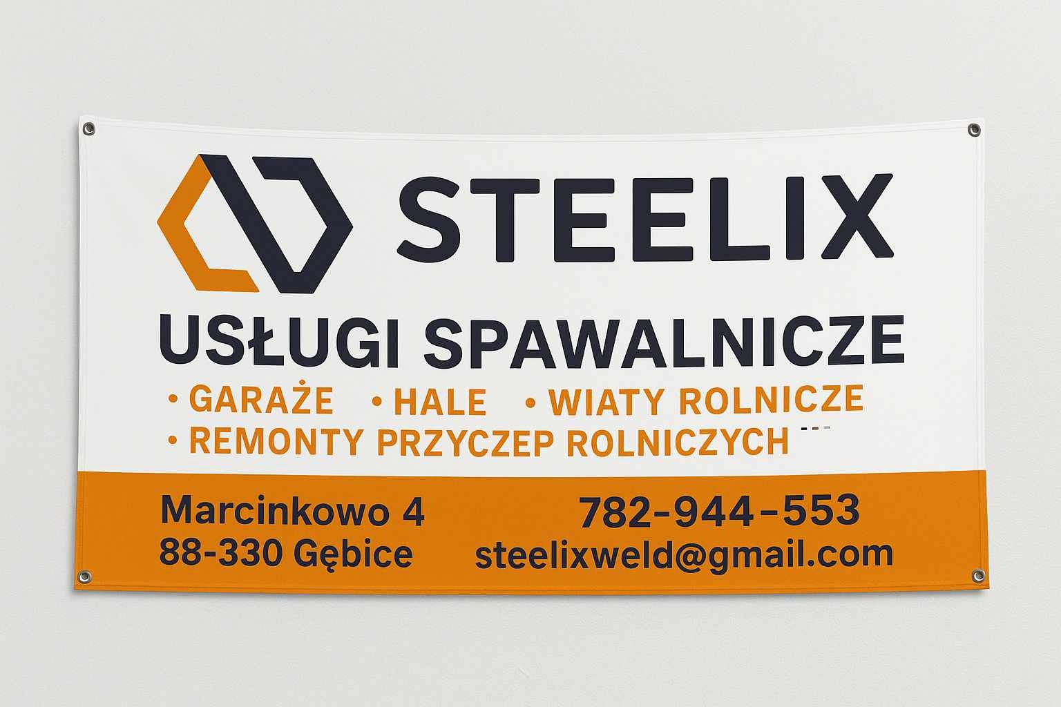 Baner firmy STEELIX z Gębic oferującej usługi spawalnicze, w tym garaże, hale i remonty przyczep rolniczych. Widoczne dane kontaktowe: adres, numer telefonu i adres e-mail.