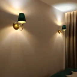 Dwa kinkiety z zielonymi abażurami i złotymi podstawami oświetlają beżową ścianę w pokoju. Widoczny fragment sofy i zasłony.