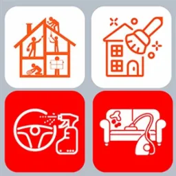 Zestaw ikon: remont domu, czyszczenie domu, dezynfekcja auta, pranie sofy odkurzaczem. Grafika wektorowa w kolorach białym i czerwonym na kwadratowych tłach.