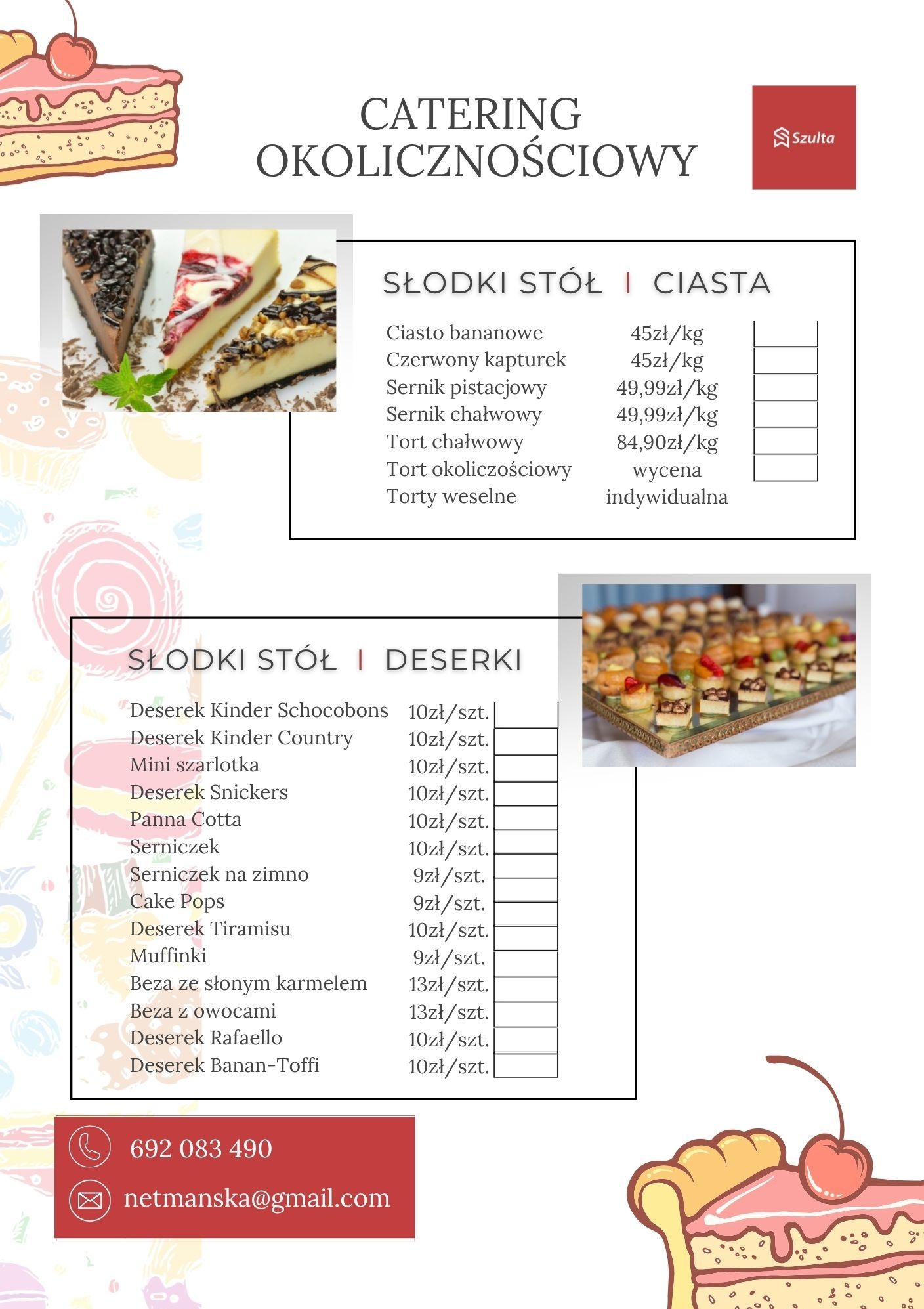 Menu słodkiego cateringu okolicznościowego: ciasta (serniki, torty) i desery (panna cotta, cake pops, bezy). Widoczne ceny i dane kontaktowe.