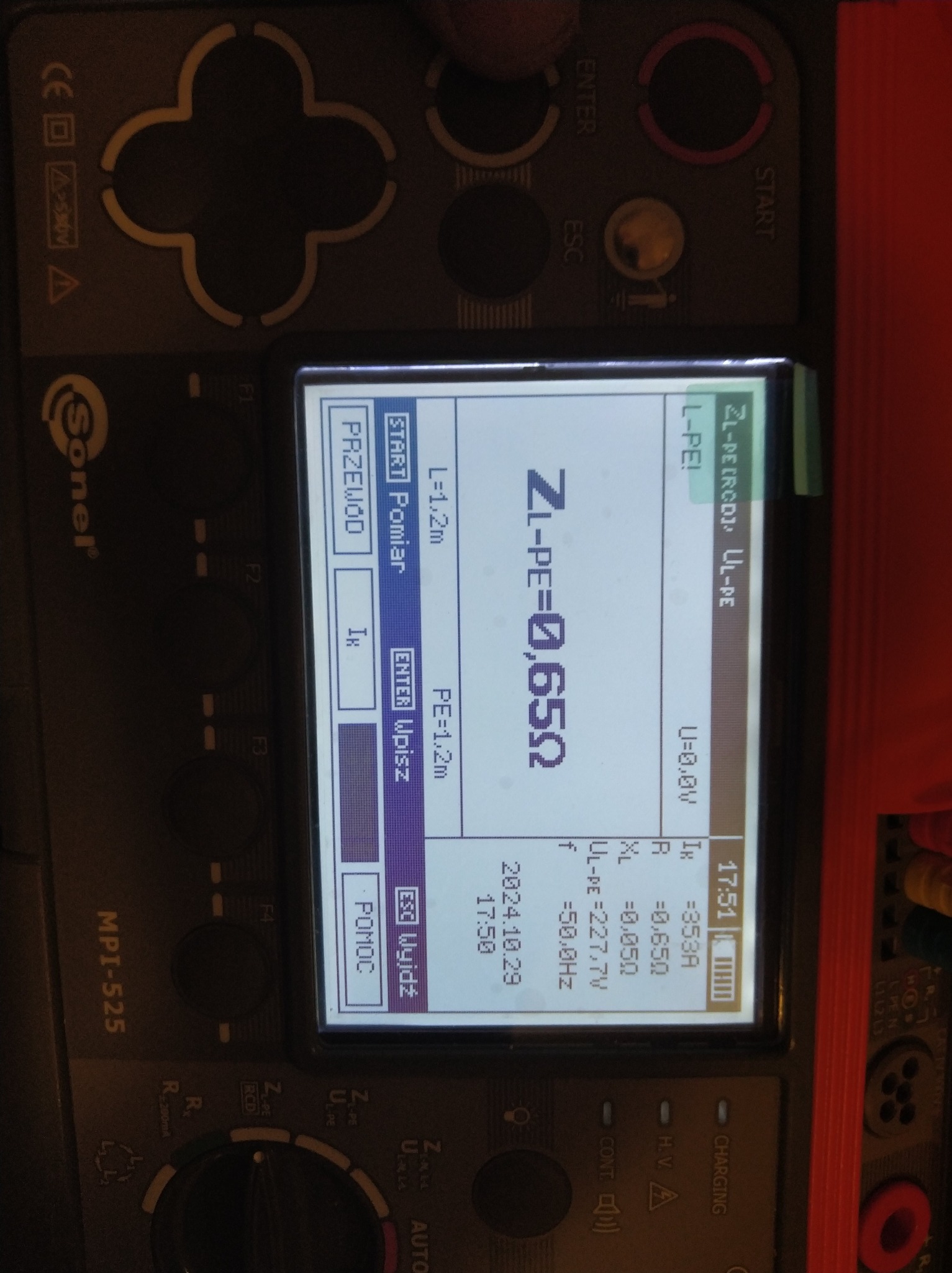 Miernik Sonel MPI-525 prezentuje wynik pomiaru impedancji pętli zwarcia ZL-PE=0,650Ω na wyświetlaczu LCD. Widoczne przyciski i pokrętła urządzenia.