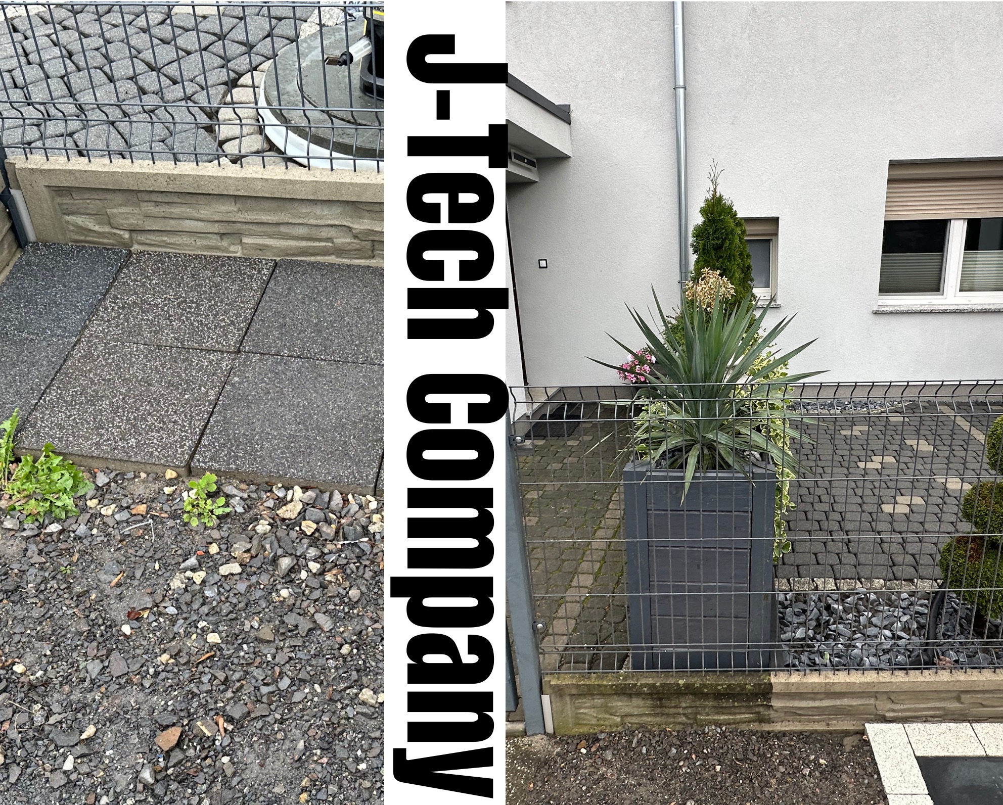 Połowa kostki brukowej przed i po czyszczeniu, widoczne różnice w kolorze i czystości, zieleń przy krawędzi. Na zdjęciu znak wodny firmy.