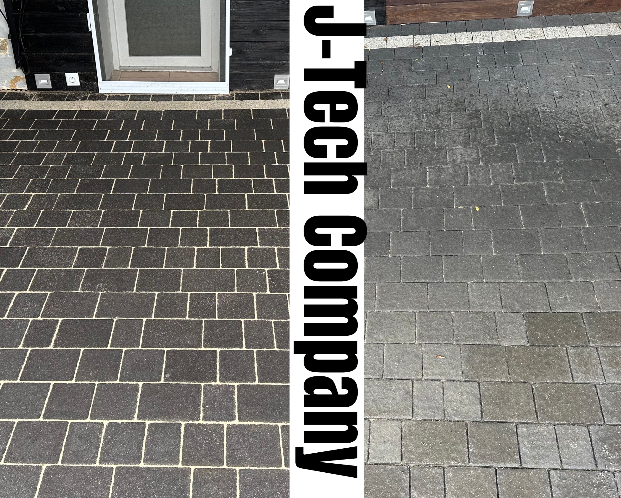 Kostka brukowa przed i po czyszczeniu, widoczna różnica w kolorze i czystości. Po lewej stronie kostka czysta, po prawej zabrudzona.