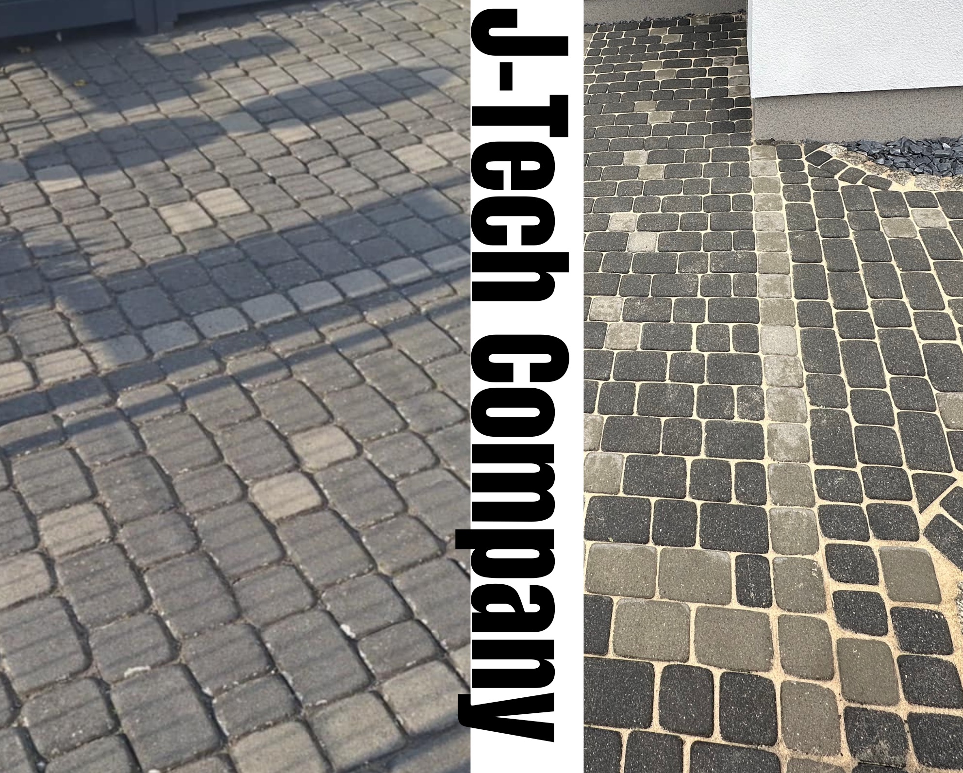 Dwukolorowa kostka brukowa ułożona w regularny wzór, widok z góry, z lewej strony zacieniona, z prawej czysta, obok fragment ściany budynku.