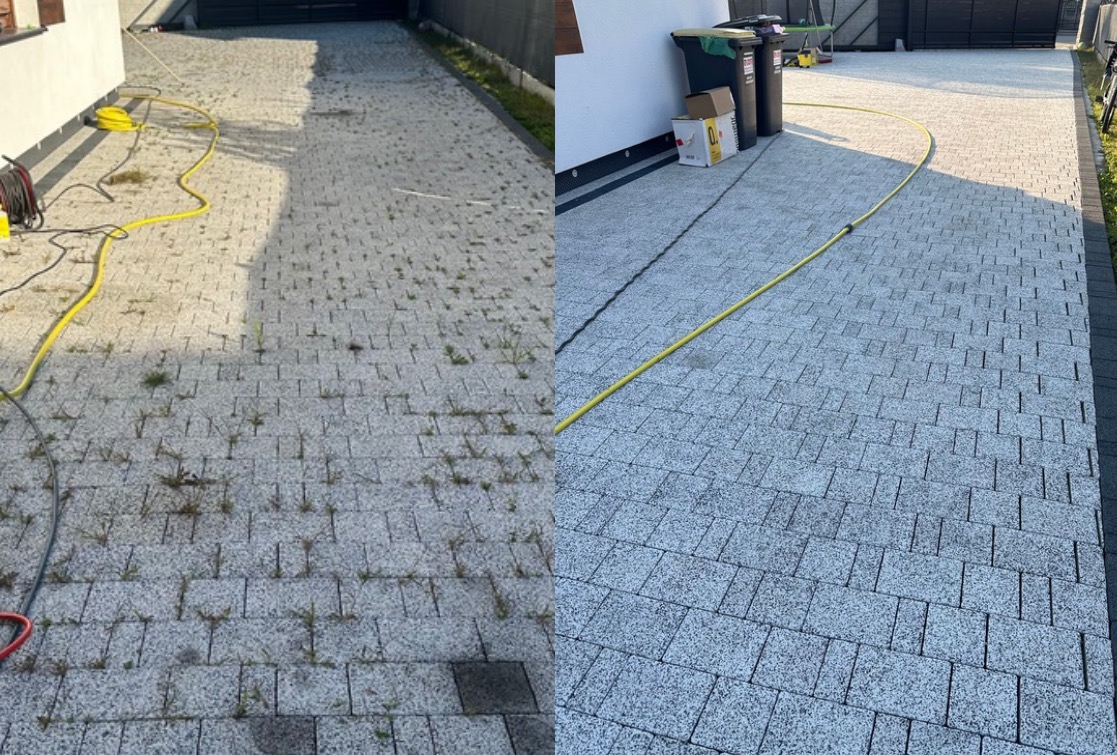 Efekt przed i po: szara kostka brukowa, po lewej zarośnięta chwastami, po prawej czysta. Żółty wąż ogrodowy na kostce. Widoczne pojemniki na śmieci.