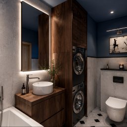 LISSE STUDIO PAWEŁ ŁYSKAWIŃSKI - Nowoczesna łazienka z ciemnoniebieskimi ścianami, jasnoszarymi marmurowymi płytkami, drewnianą szafką pod umywalkę, podświetlanym lustrem, zabudowaną pralko-suszarką i podwieszaną toaletą.