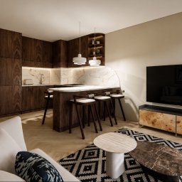 LISSE STUDIO PAWEŁ ŁYSKAWIŃSKI - Nowoczesny aneks kuchenny z ciemnymi szafkami i marmurowym blatem, połączony z salonem z beżową sofą, geometrycznym dywanem i szafką RTV z drewna o unikalnym usłojeniu.