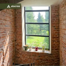 ALUCREO SPÓŁKA Z OGRANICZONĄ ODPOWIEDZIALNOŚCIĄ - Czarne okno z widokiem na zieleń, ustawione w ścianie z czerwonej cegły. Na parapecie doniczki z roślinami. Widok z dołu na okno i ceglaną ścianę.