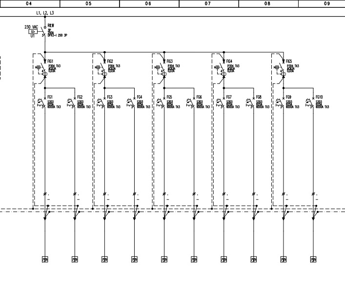 Schemat elektryczny z oznaczeniami L1, L2, L3, 230 VAC, RIEW, bezpiecznikami i symbolami obwodów. Widoczne oznaczenia FIG1-FIG5 oraz FG1-FG10.