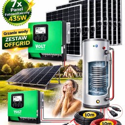 Zestaw solarny do grzania wody: panele fotowoltaiczne, inwerter Volt Polska, zbiornik z grzałką, przewody. System OFFGRID z mocą 3045W i wydajnością 80-11201.