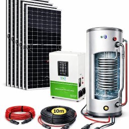 Zestaw fotowoltaiczny: panele słoneczne, inwerter i zbiornik na wodę z widocznym przekrojem, kable z konektorami. Prezentacja systemu solarnego do podgrzewania wody.