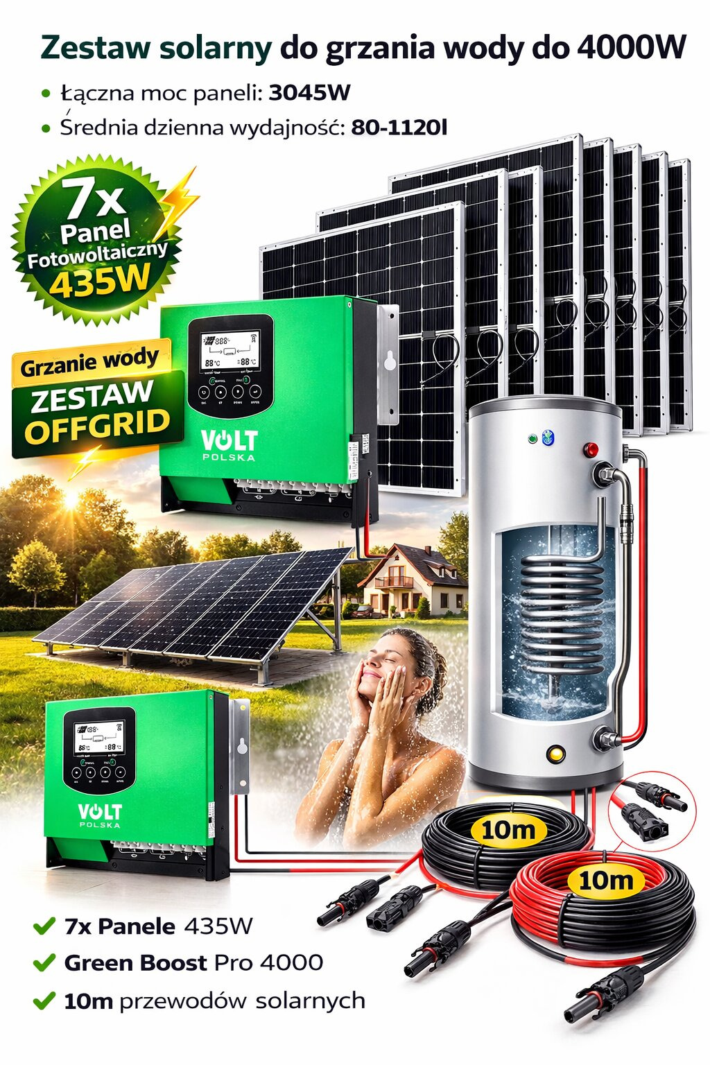 Zestaw solarny do grzania wody: panele fotowoltaiczne, inwerter Volt Polska, zbiornik z grzałką, przewody. System OFFGRID z mocą 3045W i wydajnością 80-11201.