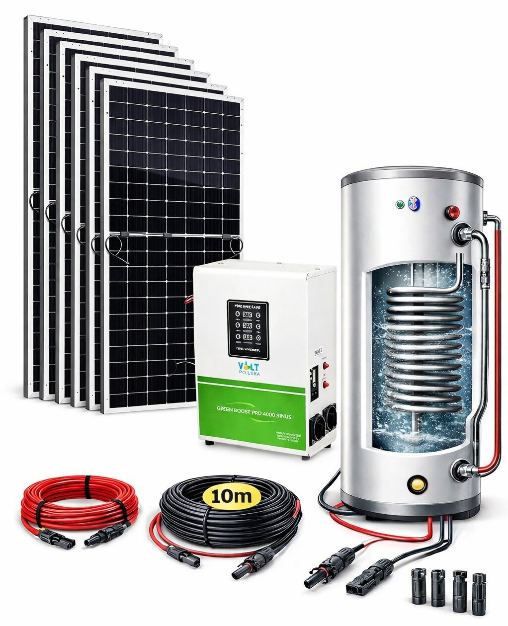 Zestaw fotowoltaiczny: panele słoneczne, inwerter i zbiornik na wodę z widocznym przekrojem, kable z konektorami. Prezentacja systemu solarnego do podgrzewania wody.