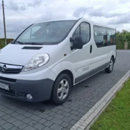 Biały Opel Vivaro z anteną na dachu, zaparkowany na szarym bruku. Widoczne tablice rejestracyjne i zielone otoczenie. Auto osobowe z szybami.