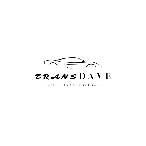 Minimalistyczne logo firmy TransDave z sylwetką sportowego auta i napisem 'Usługi Transportowe' w czerni na białym tle. Prosty, elegancki design.