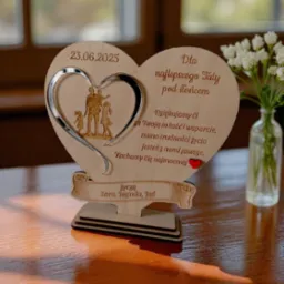 Drewniana statuetka w kształcie serca z wygrawerowanym napisem 'Dla najlepszego Taty pod słońcem' i datą 23.06.2025, stojąca na drewnianej podstawie.