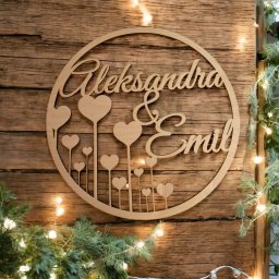 Stworzone dla Domu Anna Kamińska - Dekoracja ślubna z drewna: imiona Aleksandra i Emil w okręgu, serca na tle drewnianej ściany z lampkami, otoczone zielenią. Idealne na prezent.