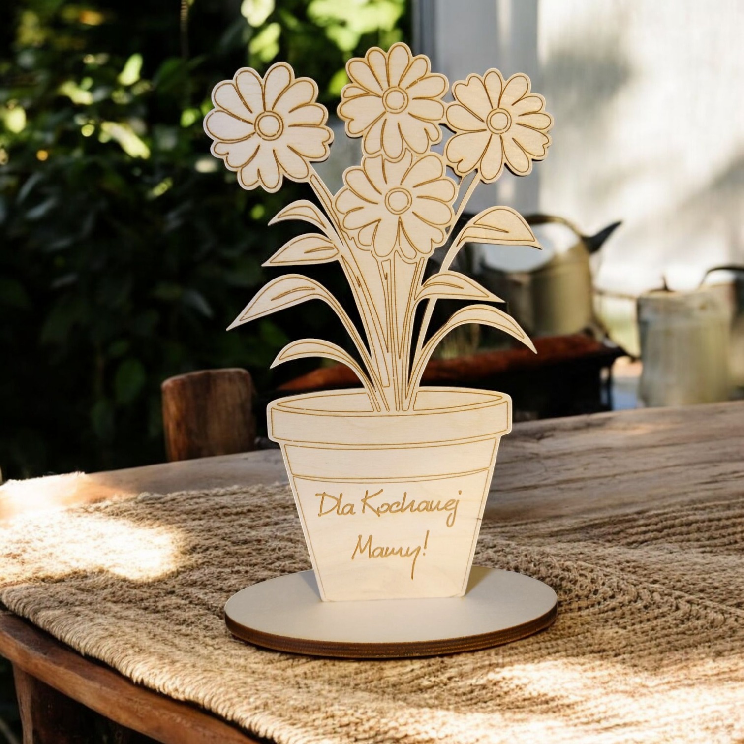 Drewniana dekoracja: kwiaty w doniczce z napisem 'Dla Kochanej Mamy!', stojąca na stole z jutowym bieżnikiem, w tle zieleń i okno. Idealny prezent.