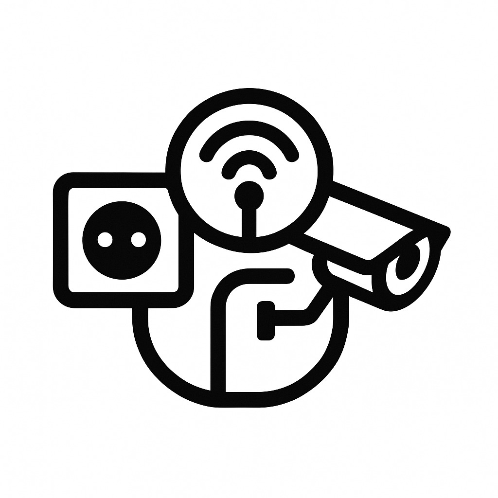Czarno-biała ikona przedstawia gniazdko elektryczne, kamerę monitoringu i symbol Wi-Fi, sugerując inteligentny system zabezpieczeń.