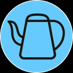 Grafika wektorowa czajnika z grubym obrysem na błękitnym tle, otoczona białym okręgiem. Prosty, nowoczesny design ikony.