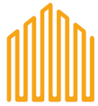 Żółty, linearny symbol budynku z pionowych linii o różnej wysokości, przypominający skyline miasta. Minimalistyczny design na białym tle.