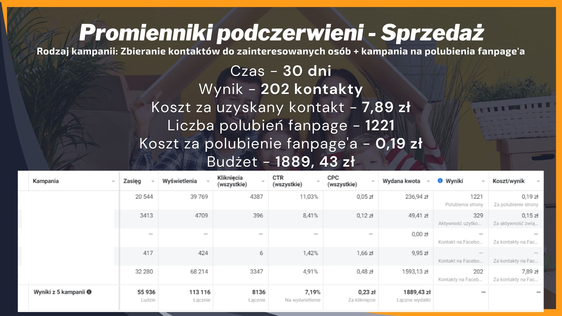 Tabela z wynikami kampanii reklamowej online. Dane o zasięgu, wyświetleniach, kliknięciach, kosztach i polubieniach strony. Promienniki podczerwieni - sprzedaż.