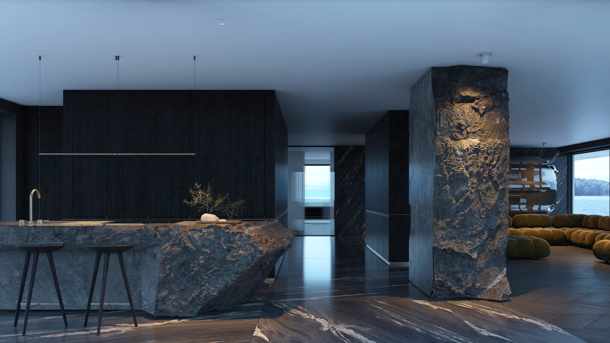 Nowoczesne wnętrze: kamienna wyspa kuchenna z hokerami, marmurowa podłoga, minimalistyczne oświetlenie i widok na jezioro. Unikalny design z elementami natury.