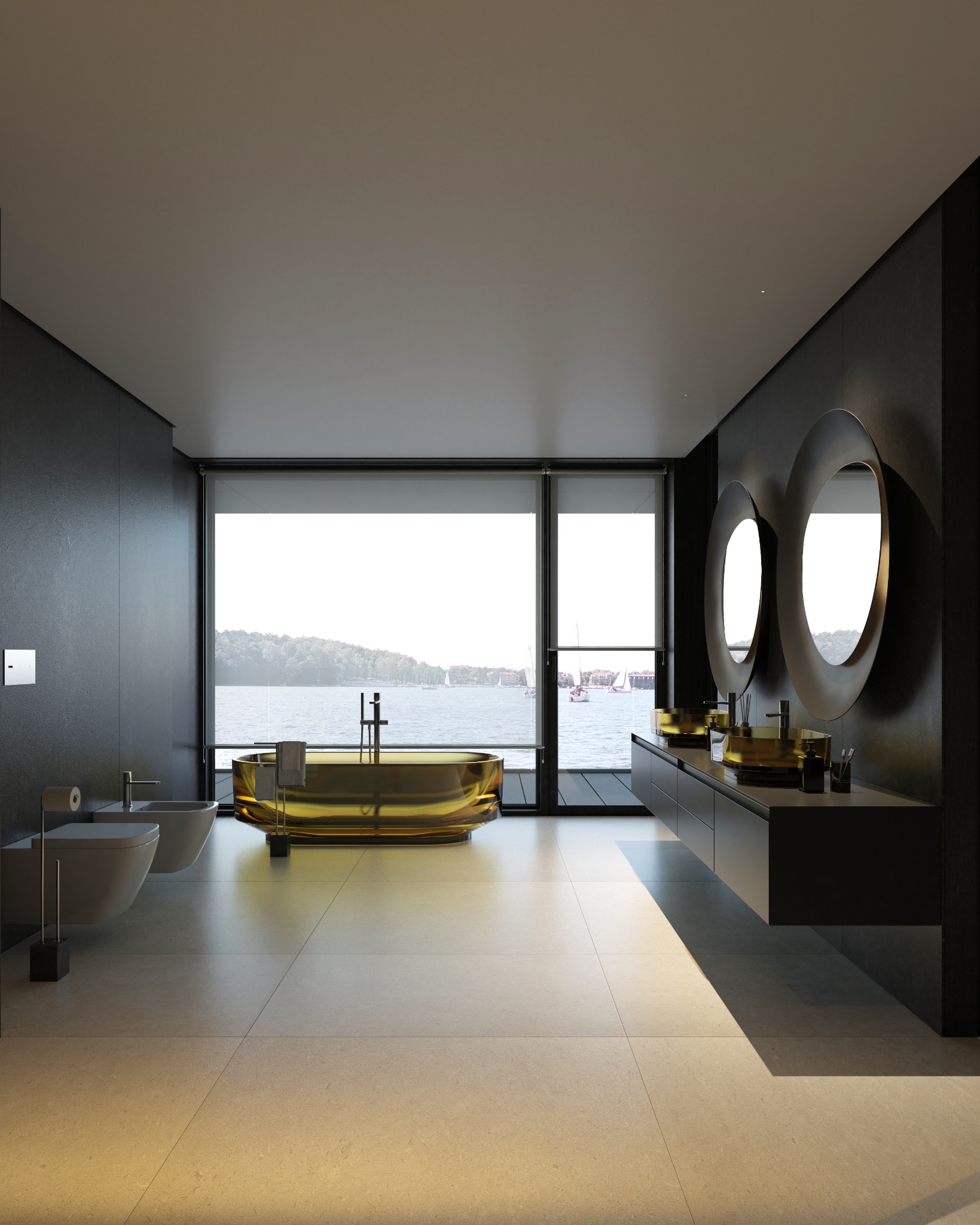 Nowoczesna łazienka z wanną w kolorze złota na tle okna z widokiem na jezioro. Minimalistyczny design z czarnymi ścianami i okrągłymi lustrami.
