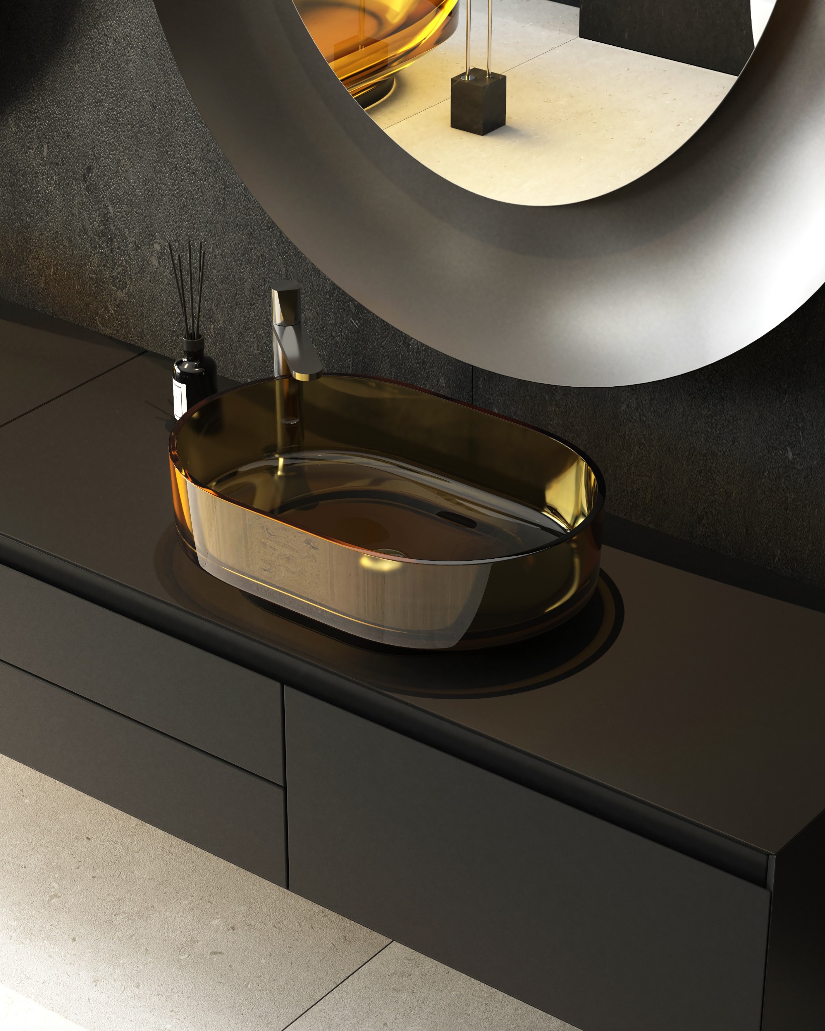 Nowoczesna łazienka: złota umywalka na czarnej szafce, okrągłe lustro z podświetleniem, minimalistyczny design i eleganckie wykończenie.