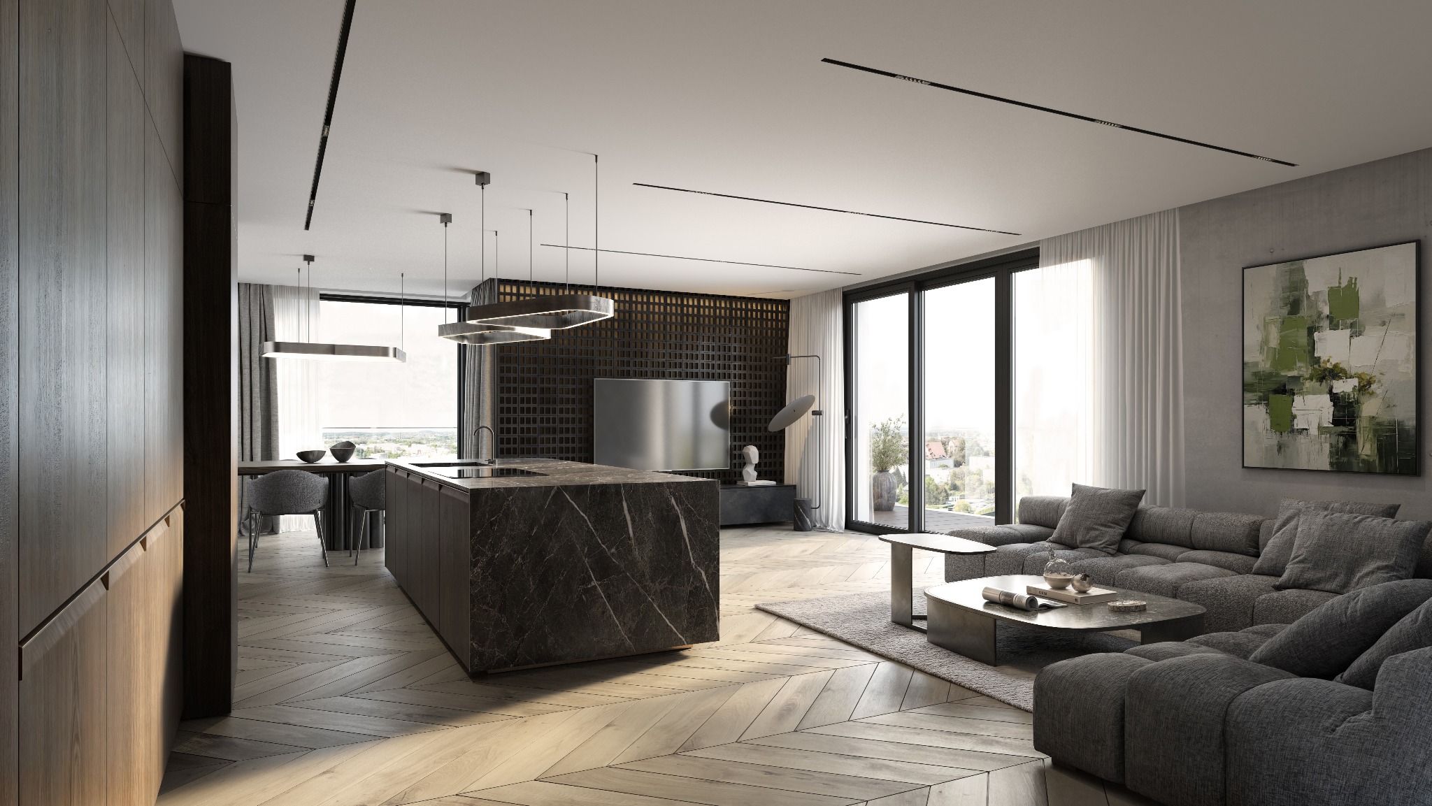Elegancki salon z aneksem kuchennym: marmurowa wyspa, drewniane szafki, szara sofa i parkiet w jodełkę. Nowoczesne lampy i abstrakcyjny obraz dopełniają wnętrze.