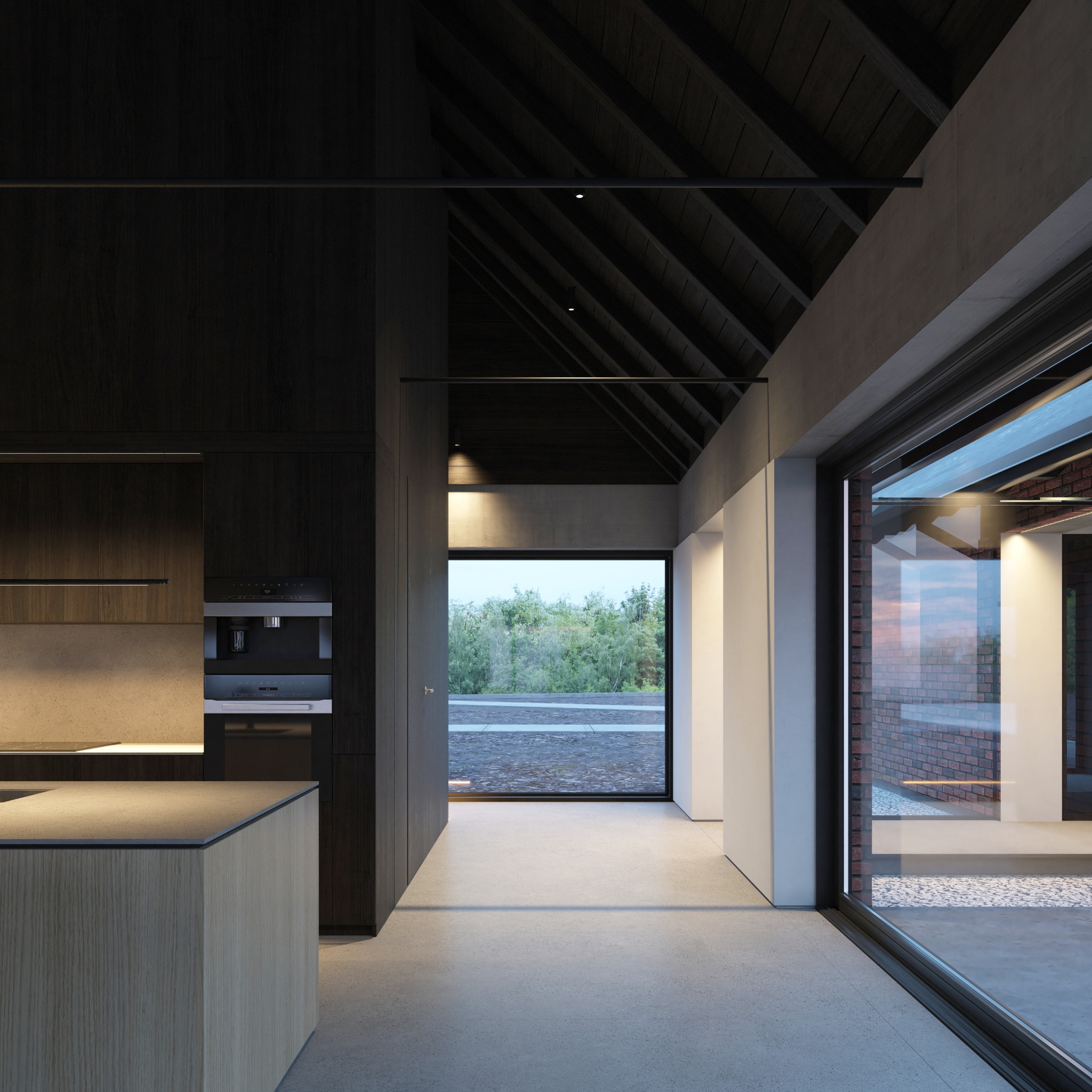 Minimalistyczna kuchnia z ciemnymi drewnianymi szafkami, wyspą z jasnego drewna i skośnym, ciemnym dachem widoczna z perspektywy wnętrza domu.