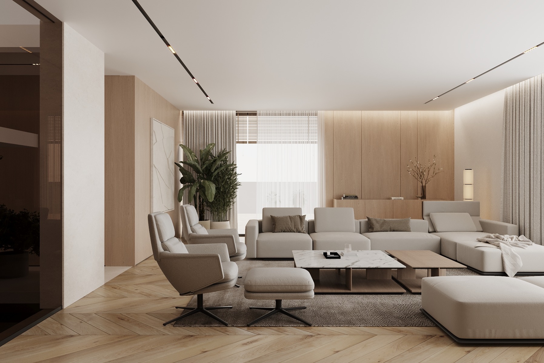 Jasne wnętrze salonu z parkietem w jodełkę, beżową sofą modułową, marmurowym stolikiem kawowym i fotelami na obrotowych podstawach. Minimalistyczny design z roślinami.