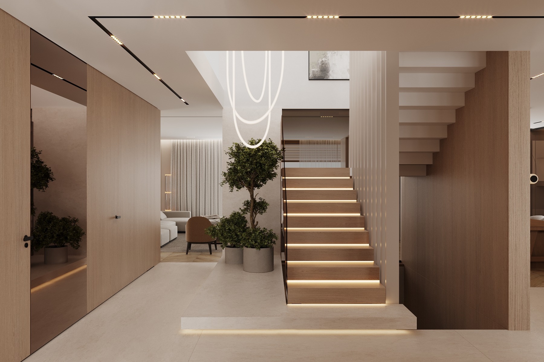 Nowoczesne wnętrze domu: drewniane schody z podświetleniem LED, minimalistyczne meble, rośliny w donicach i designerskie oświetlenie sufitowe.