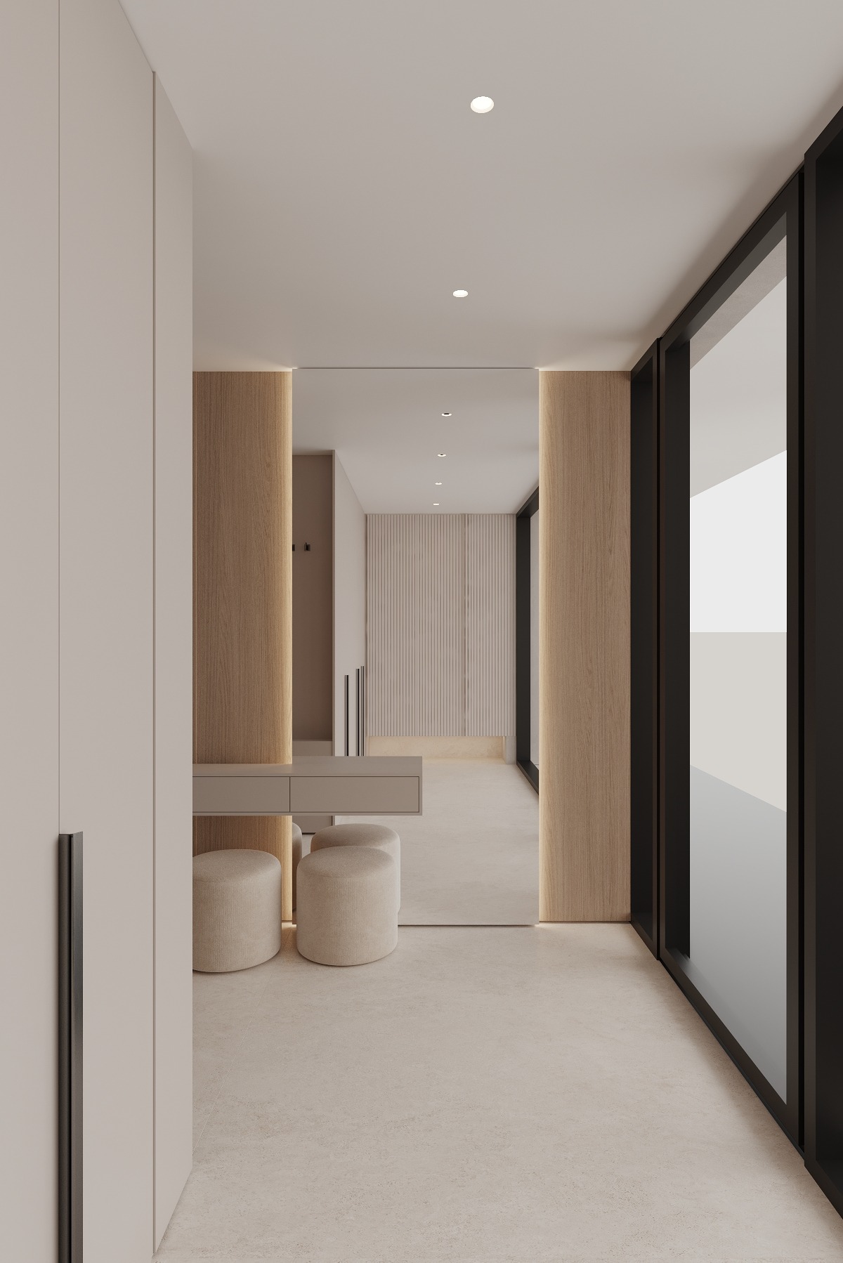 Beżowe wnętrze: toaletka z pufami, lustro odbijające dalszą część korytarza z panelami ściennymi i oknem. Minimalistyczny design, ciepłe oświetlenie.