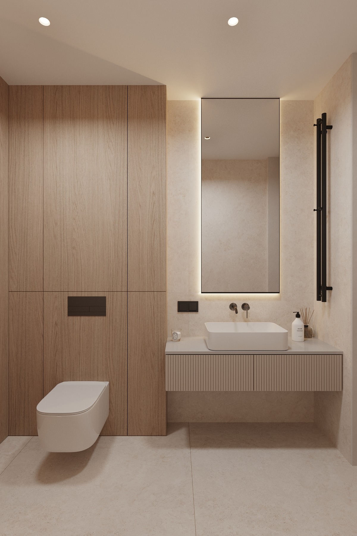 Nowoczesna łazienka w beżach: drewniane szafki, podświetlane lustro, minimalistyczna umywalka i wisząca toaleta. Subtelne oświetlenie podkreśla elegancję wnętrza.