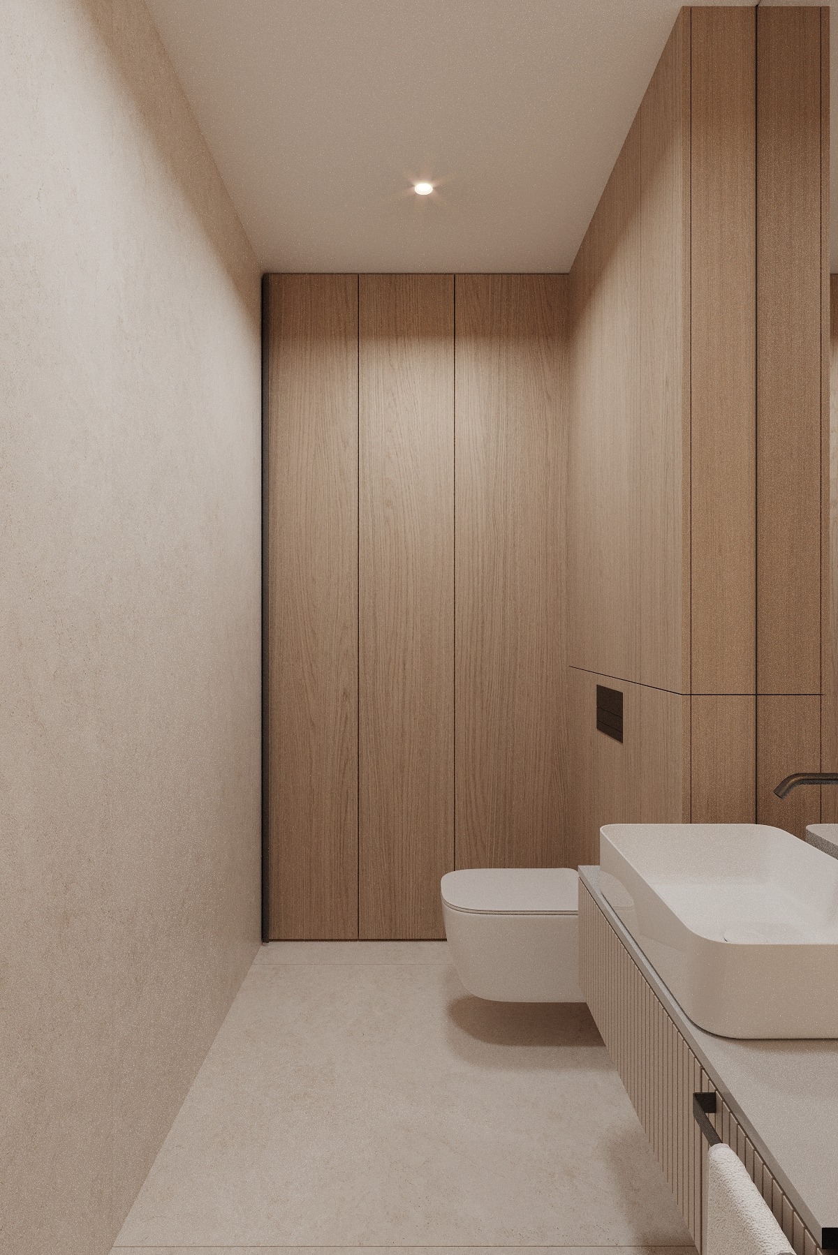 Minimalistyczna łazienka w beżach: drewniane szafki, podwieszana toaleta i umywalka nablatowa. Subtelne oświetlenie punktowe podkreśla gładkie powierzchnie.