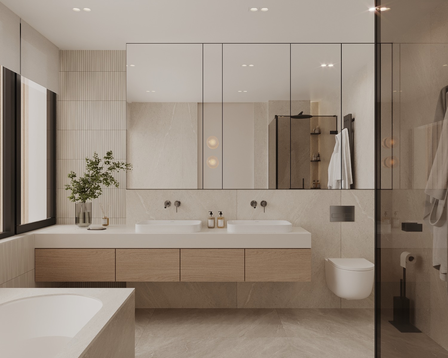 Elegancka łazienka w beżach: podwójna umywalka z drewnianą szafką, duże lustro z oświetleniem, minimalistyczna toaleta i kabina prysznicowa z czarnymi detalami.