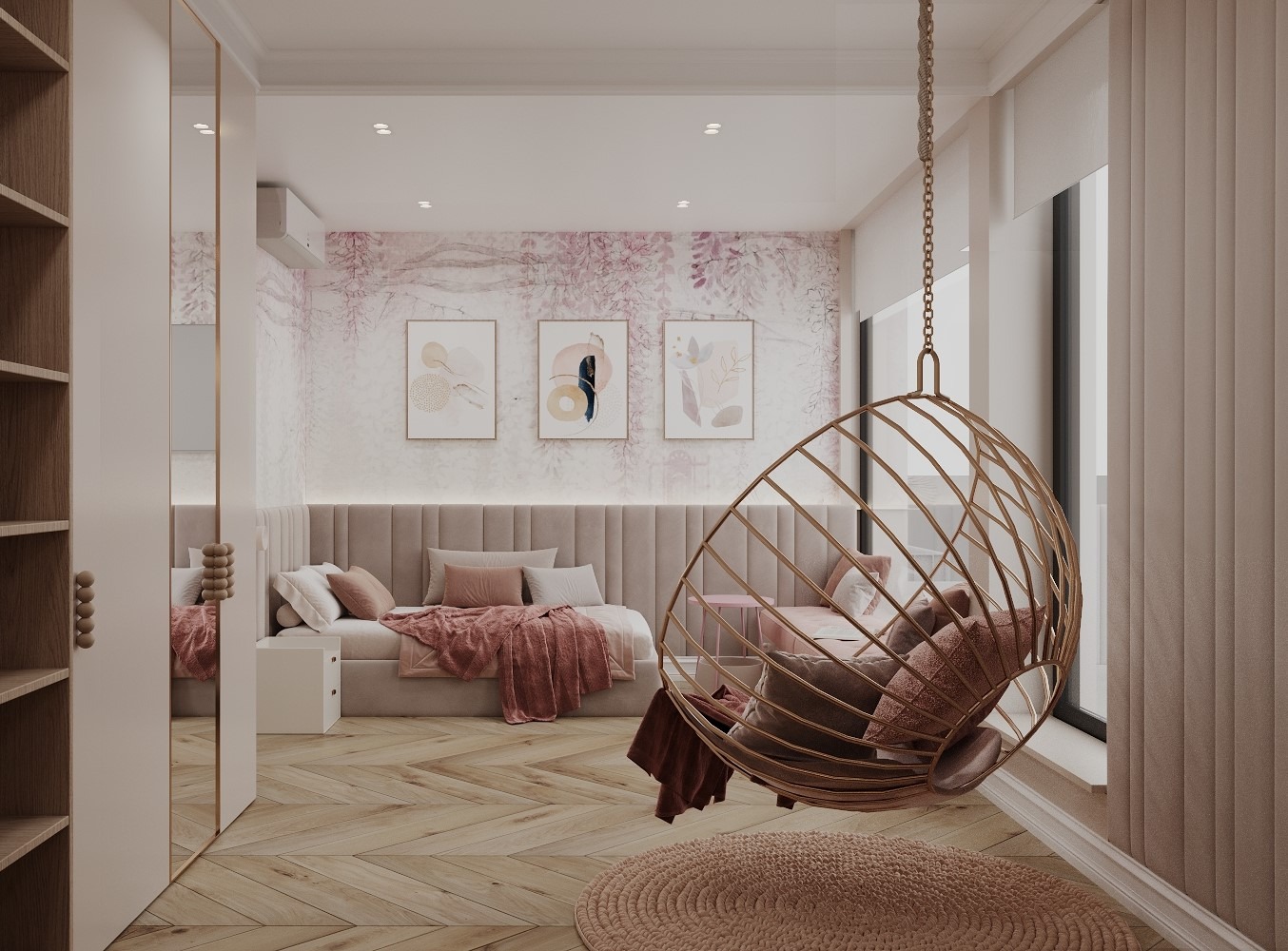 Pokój dziecięcy w pastelowych barwach z wiszącym fotelem, łóżkiem z zagłówkiem i dekoracyjną tapetą w kwiaty. Parkiet ułożony w jodełkę.