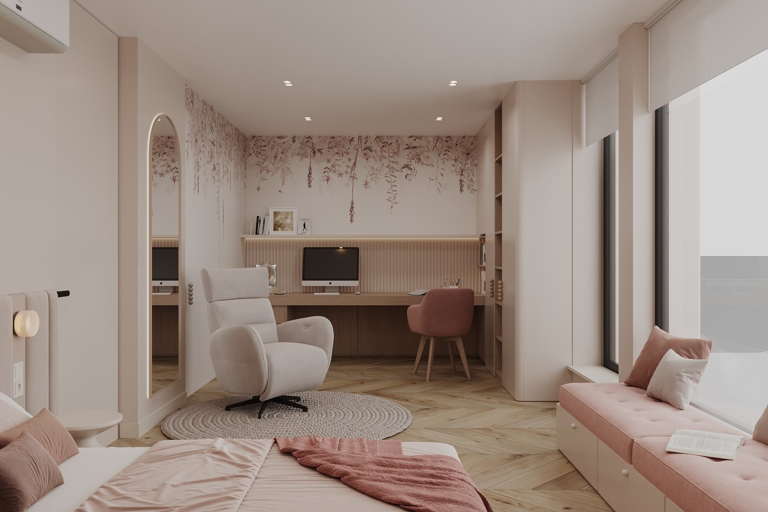 Jasny pokój z biurkiem, krzesłem i łóżkiem w pastelowych odcieniach. Tapeta z motywem roślinnym, okrągły dywan i siedzisko przy oknie dodają przytulności.