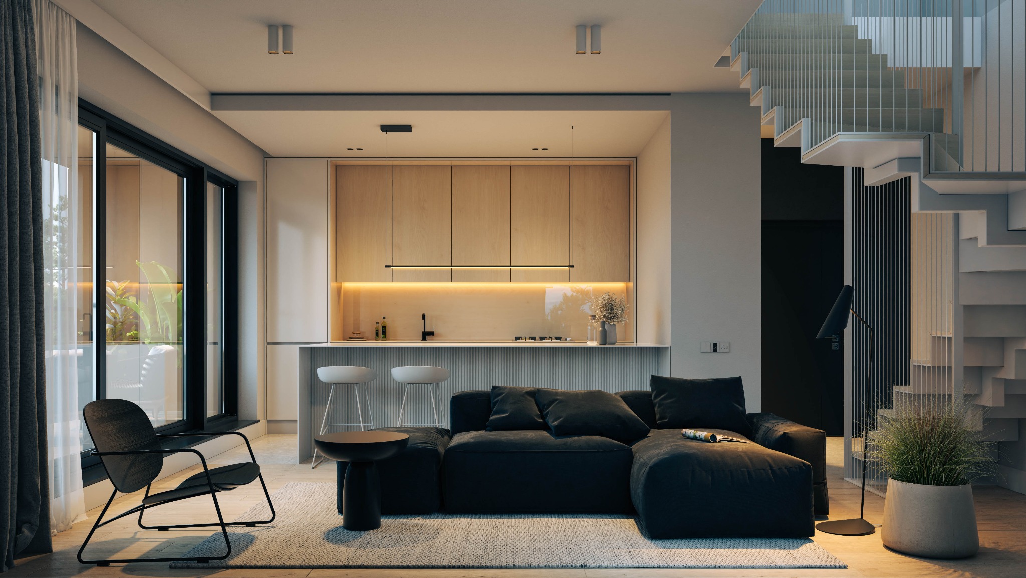 Nowoczesne wnętrze z otwartą kuchnią i schodami w Warszawie. Minimalistyczny design, drewniane szafki, czarna sofa i designerskie krzesło przy oknie.