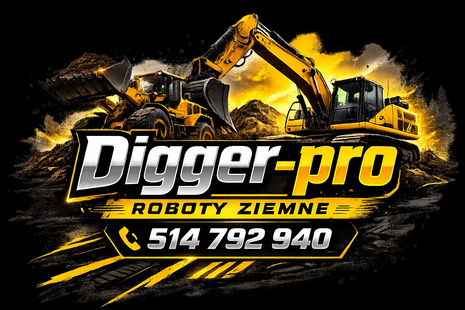 Grafika z dwoma żółtymi koparkami na tle wykopanej ziemi, logo firmy 'Digger-pro' i numer telefonu. Całość w dynamicznej, cyfrowej stylistyce.