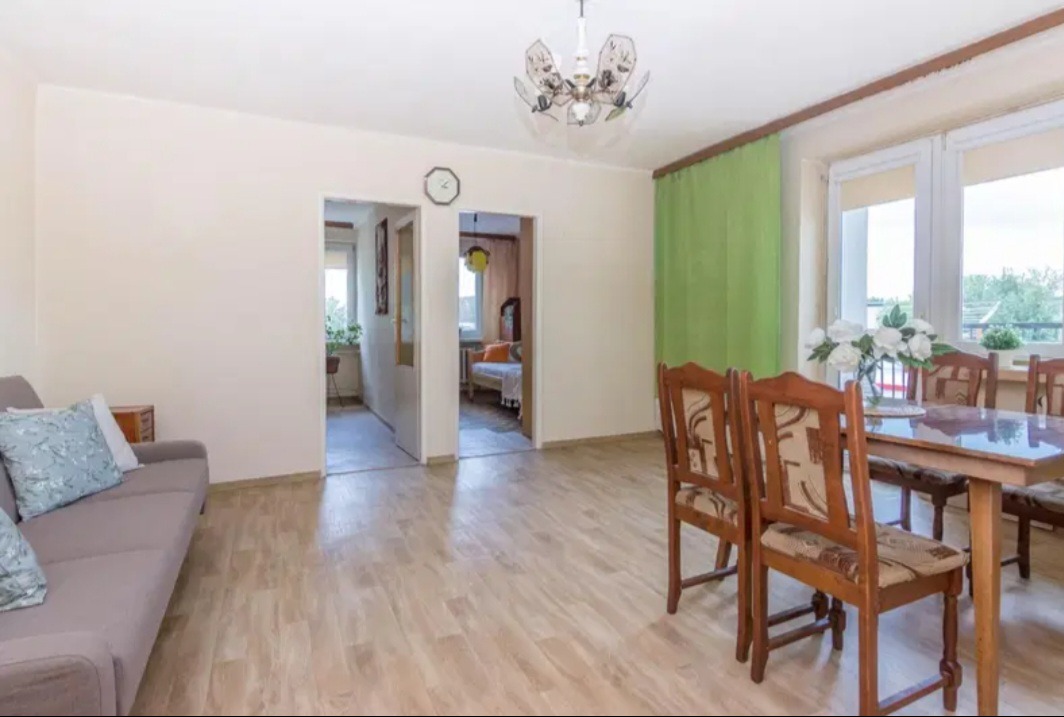 Jasne wnętrze mieszkania z drewnianą podłogą, sofą z poduszkami i stołem z krzesłami. Widok na pokój przez otwarte drzwi. Lampa sufitowa i okno z zieloną zasłoną.