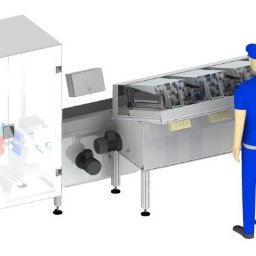 PROMI Projektowanie Maszyn Michał Prusaczyk - Model 3D linii produkcyjnej z operatorem w niebieskim uniformie, prezentujący projekt maszyny przemysłowej z elementami transportu i pakowania.