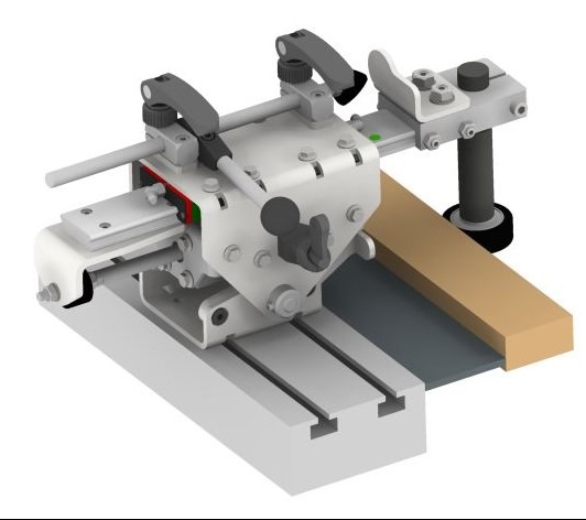 Szczegółowy model 3D frezarki z elementami mocującymi, widok z góry pod kątem, prezentujący precyzję wykonania i złożoność konstrukcji.
