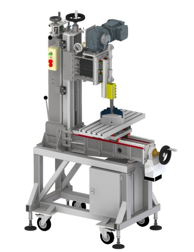 CAD model wózka z frezarką pionową, ukazujący detale konstrukcyjne i elementy sterujące. Widoczne koła i regulowane nóżki.