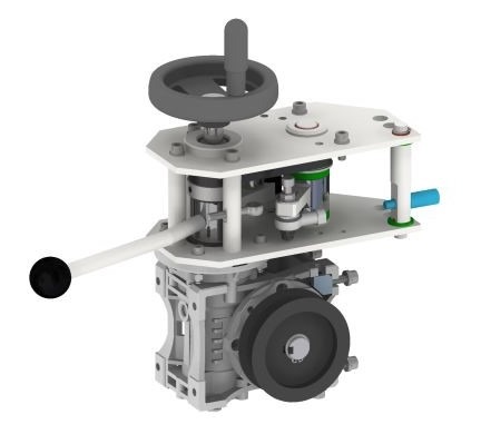 Szary model 3D przekładni mechanicznej z elementami sterującymi, widoczny z perspektywy. Realistyczny render CAD/CAM/CAE na białym tle.